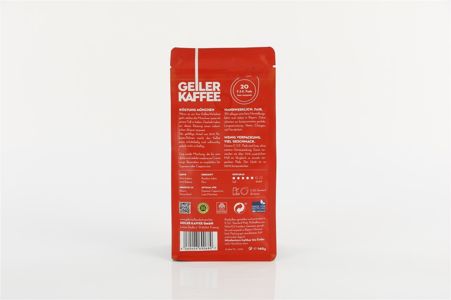 GEILER Kaffee Röstung München ESE Pads 20 Stück, Rückseite