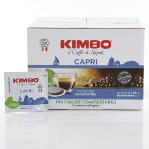 Kimbo Capri: 100 kompostierbare ESE Pads im Karton mit Einzelpad, Röstung mittel-dunkel, Intensität 10/13